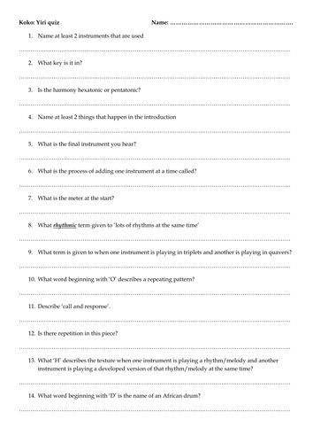 Yiri Koko 2 page quickfire questions