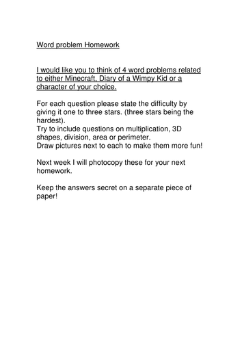 Homework Yr5/6  Math  Minecraft, Wimpy Kid