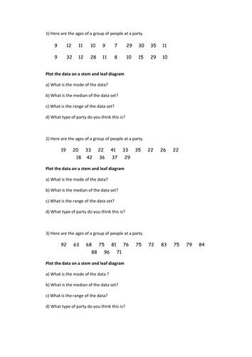 Stem and Leaf Parties worksheet