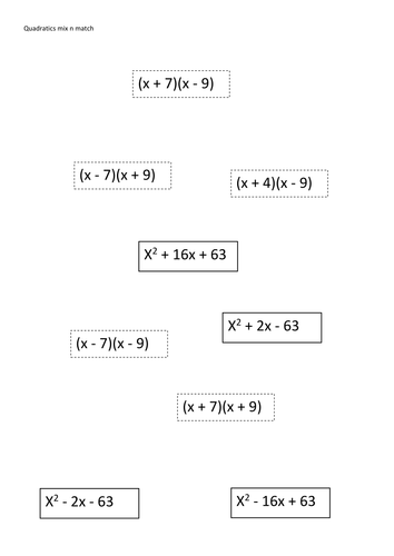 Mix and match worksheet on quadratics