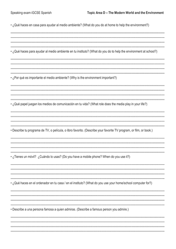 Edexcel iGCSE Speaking practice topic D