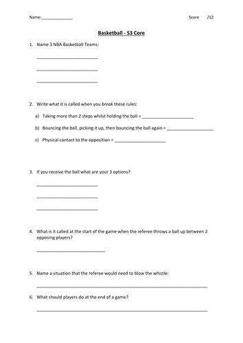 Basketball Knowledge Test | Teaching Resources