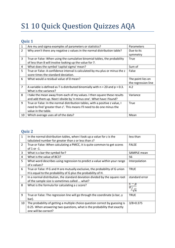 S1 AQA 10 Quick Questions Revision Quiz