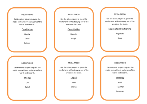 Media Taboo Cards  for NQF BTEC Level 2 Unit 1