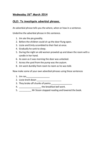 Adverbial Phrases Worksheet Ks2