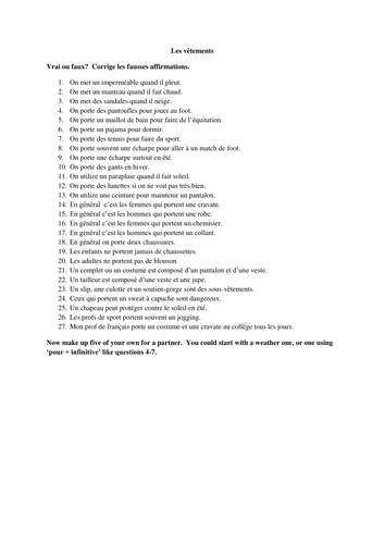 Les vêtements - vrai ou faux