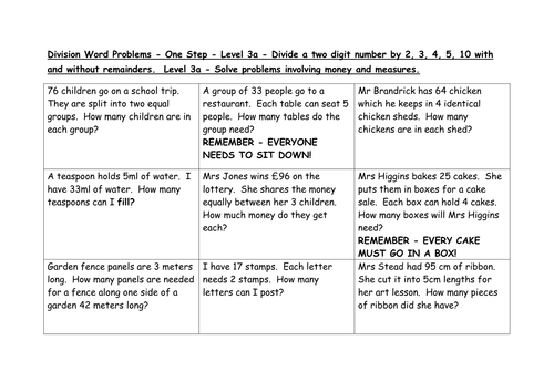 division word problems levels 3a 4c 4b teaching resources