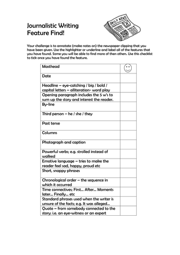Newspaper Feature Find Checklist