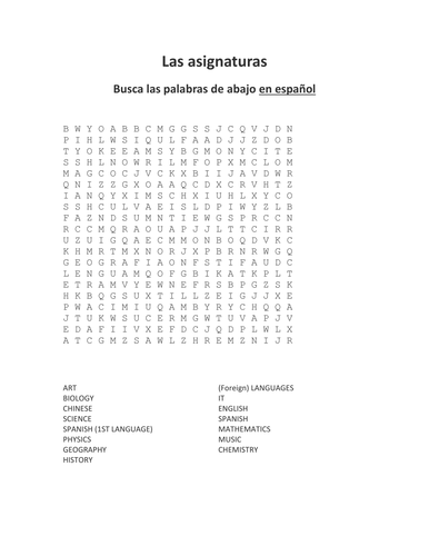 Las asignaturas - Sopa de letras
