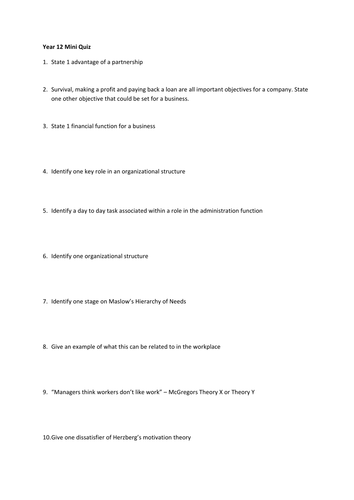 Plenary - Mini Quiz Unit 1: People