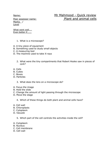 Plant and Animal Cell Quiz Worksheet | Teaching Resources