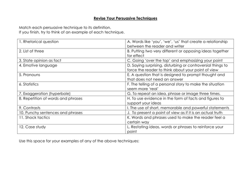 Persuasive techniques matching activity | Teaching Resources