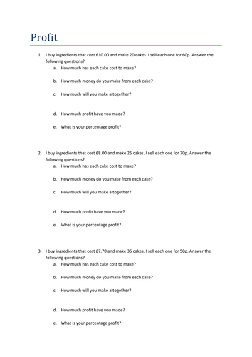 Profit worksheet / homework | Teaching Resources
