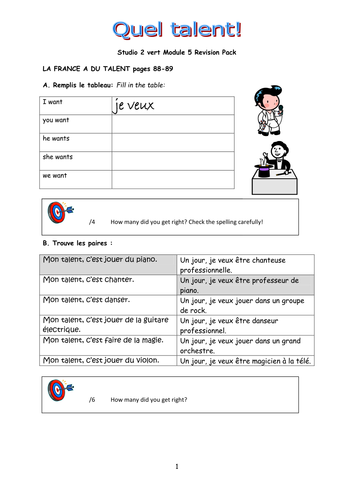 Studio 2 vert Module 5 revision pack - Quel talent