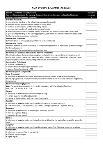 Revision list for Systems & Control AS Level | Teaching Resources