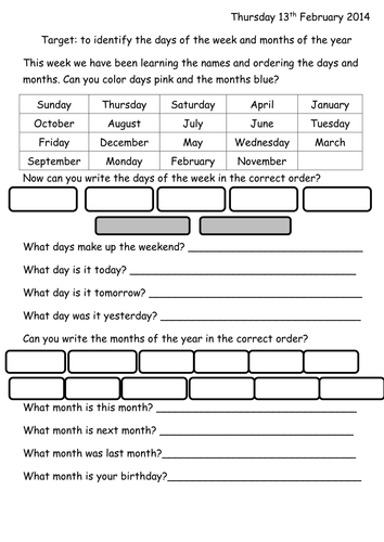 Months of the Year and days of the week worksheet