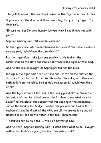 The Tiger Who Came to Tea Comprehension