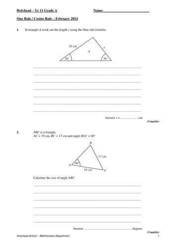 Sine and Cosine Rule Test | Teaching Resources
