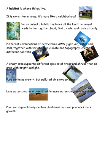 Worksheets and information on Habitats