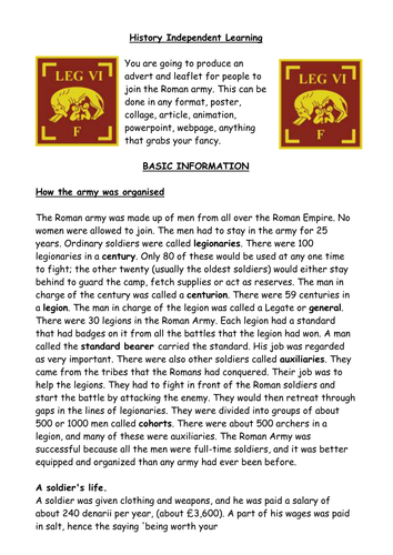 Roman Army independent learning project (hmwk)