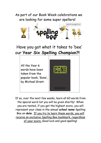 Hold your own 2nd Spelling Bee!      Book Week