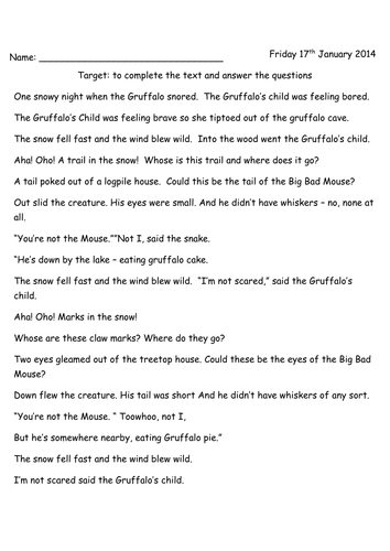 The Gruffalo's Child Comprehension  Year 1