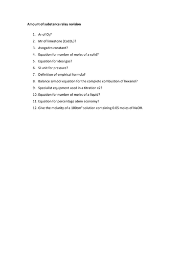 Amount of a substance relay race questions