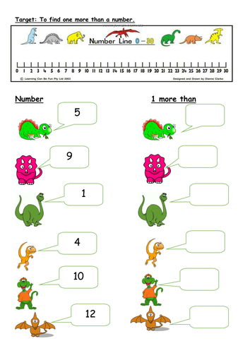 Editable 1 more than worksheets with Dinosaurs