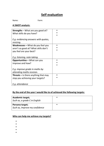 Self Evaluation SWOT analysis by voluble - UK Teaching Resources - TES