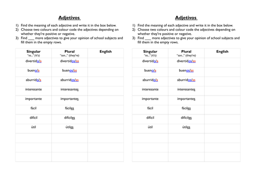 School subjects and adjectives - Spanish
