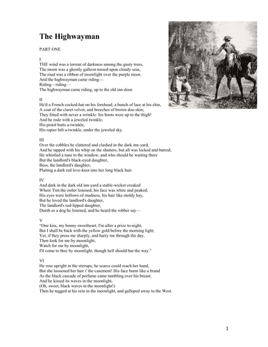 The Highwayman worksheet | Teaching Resources