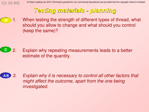 Testing materials - planning - graded questions