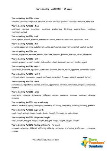 Year 6 Spellings Words Lists - New 2014 Curriculum