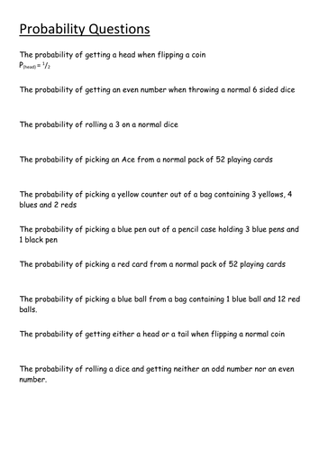 Basic Probabilities Sheet (Worded)