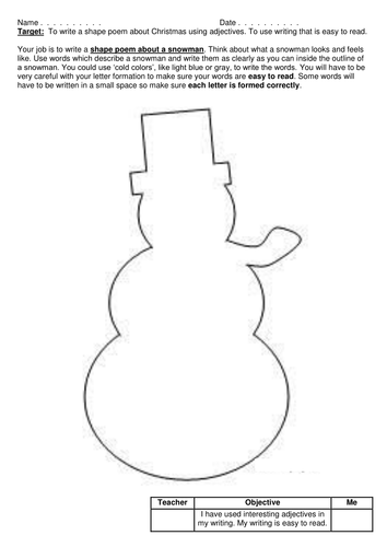 Snowman shape poem - adjectives