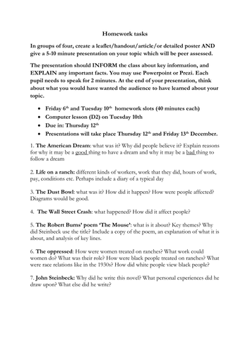 Of Mice and Men introduction  sheet