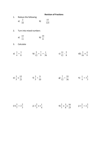 Revision of Fractions | Teaching Resources