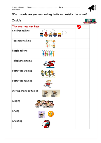 Science Listen for Sounds Around the School Trek - Tick Sheet with and without Pictures