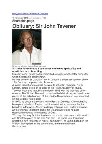 Sir John Tavener - Spiritual Composer/Inter-Faith