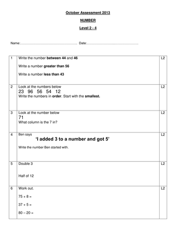 Number Assessments Level 2-8