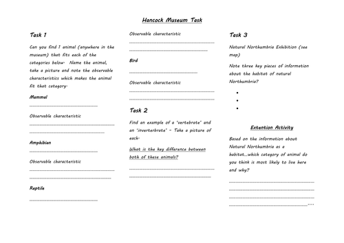 Worksheet for Living Things - Fieldtrip Hancock