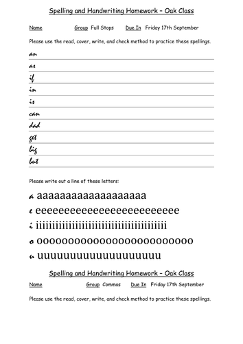 Homework spelling and handwriting sheets