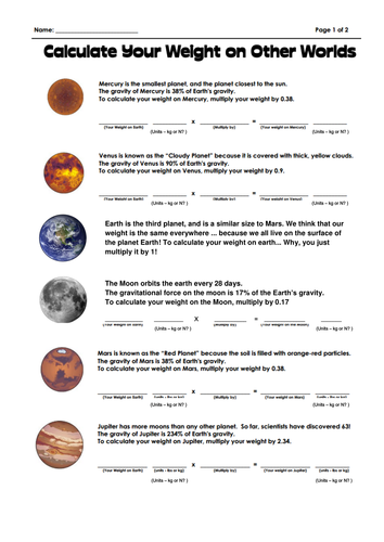 Find You Weight On Different Planets F Ma W Mg Teaching Resources