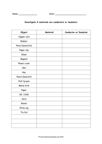 Conductors and Insulators KS2 Lesson Plan and Worksheet