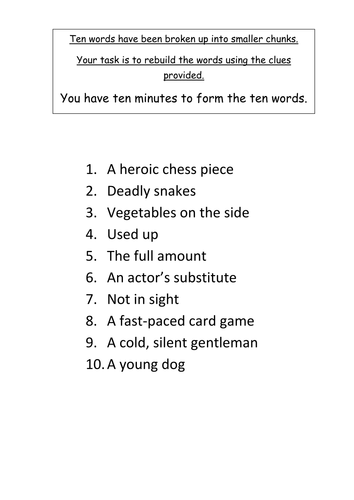 10 Little Words - Starter activity for KS4 English