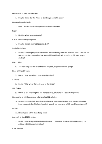 Pub Quiz for Year 11'S