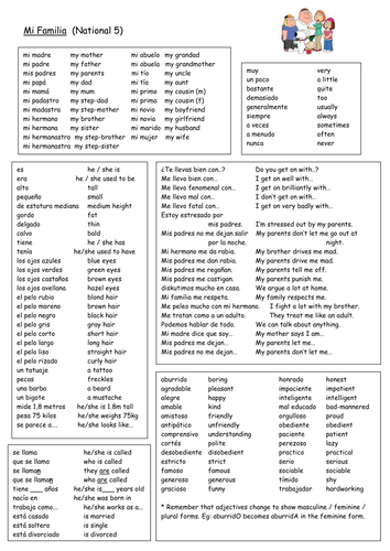 Spanish Vocabulary Revision: Family - N4/N5/GCSE