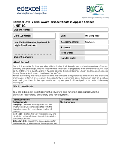 BTEC Level 2, Unit 10 (Living Body) Assignment 2