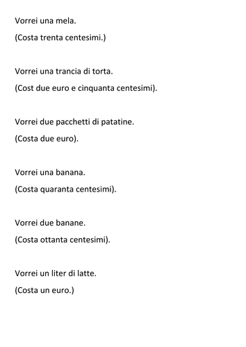 Food and prices Italian group game