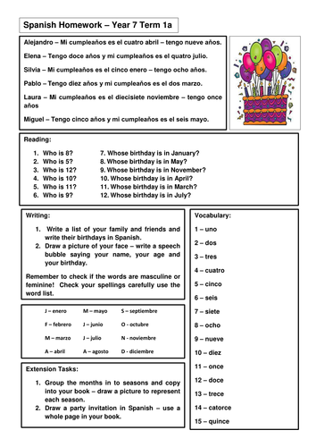 Year 7 Spanish Homework